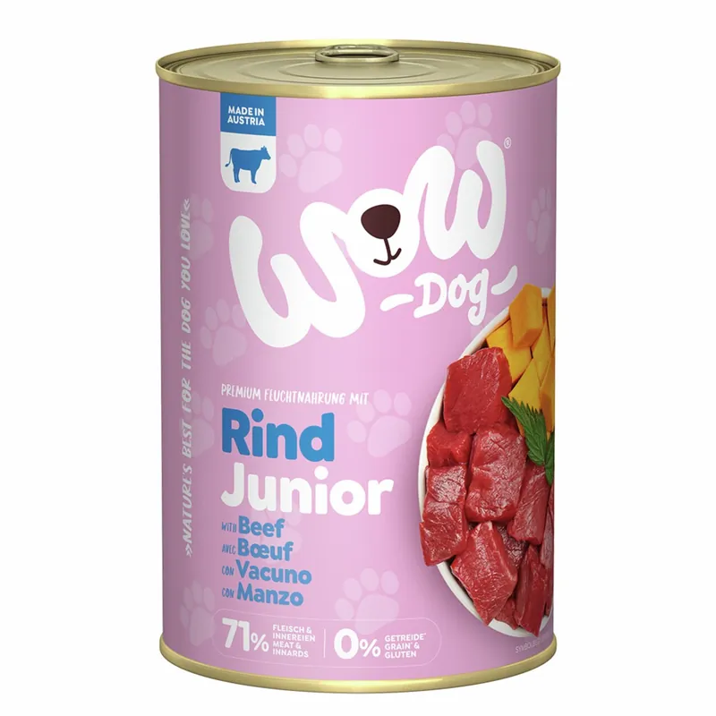 Sparpaket 24 x 400 g Wow Junior Rind mit Kürbis + Brennnessel Hunde Nassfutter Echt